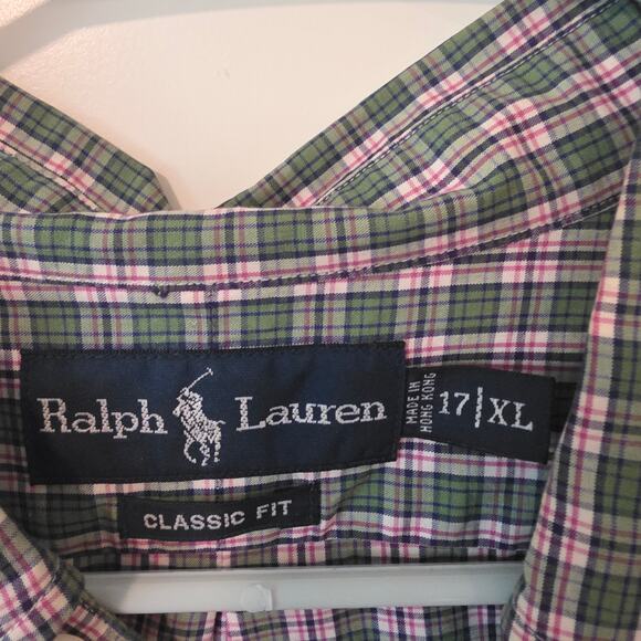 Ralph Lauren Mens Classic Fit Plaid Button Front Shirt 17 XL Green Pink Work - Picture 4 of 4